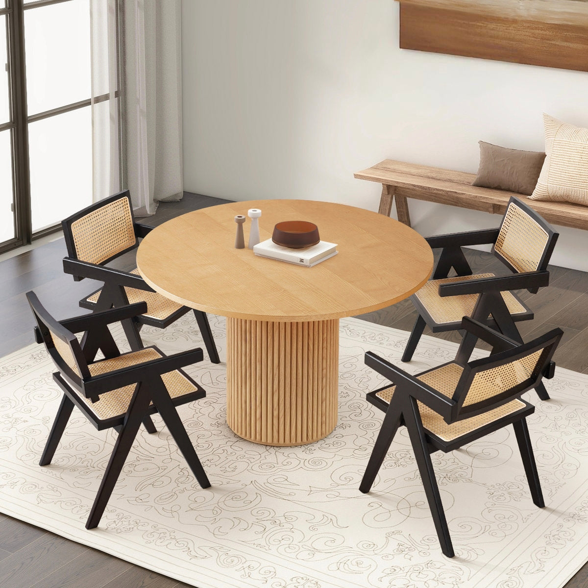 Retro Wooden Rattan Chair Dining Table