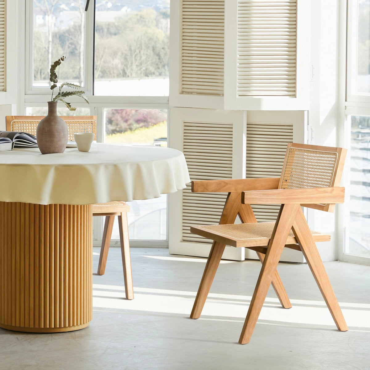 Retro Wooden Rattan Chair Dining Table