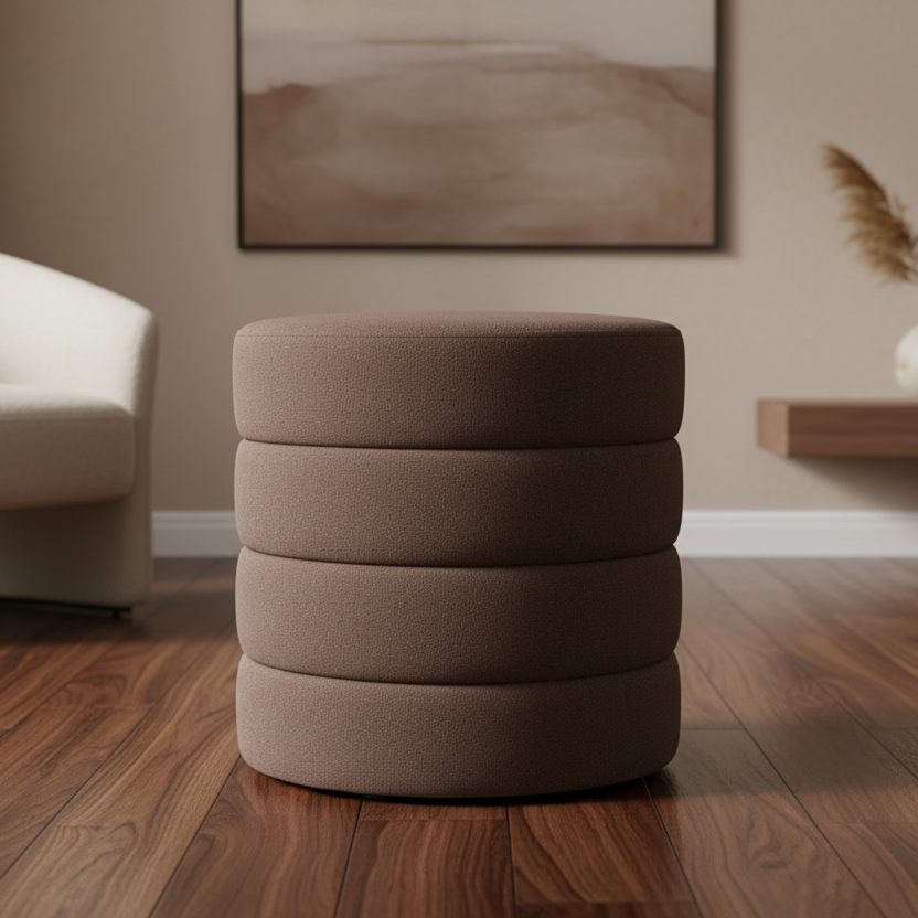 Brown Round Stool Boucle Fabric